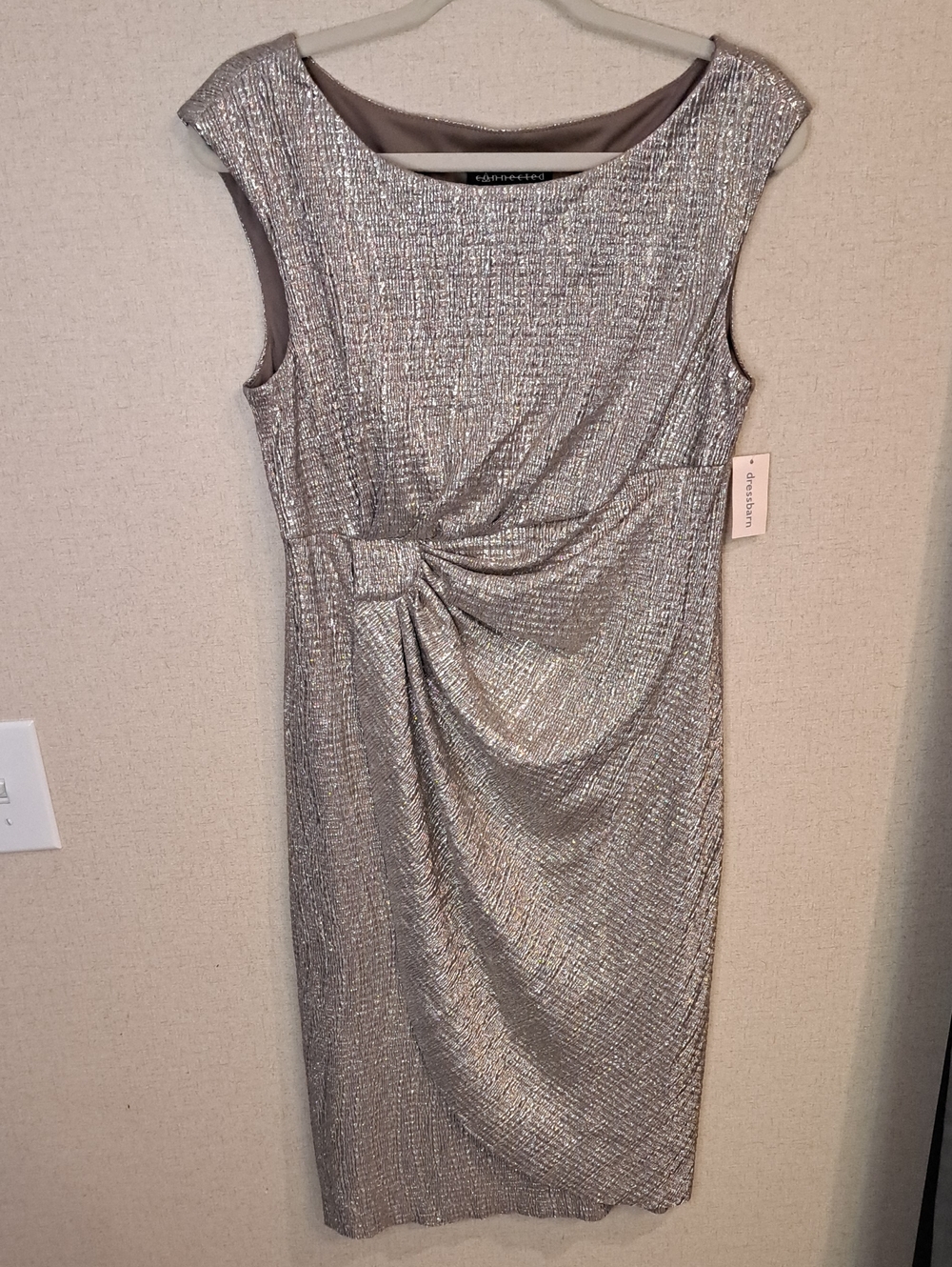 connected apparel Champagne Gold Metallic Gathered Wrap Sheath Dress DR56